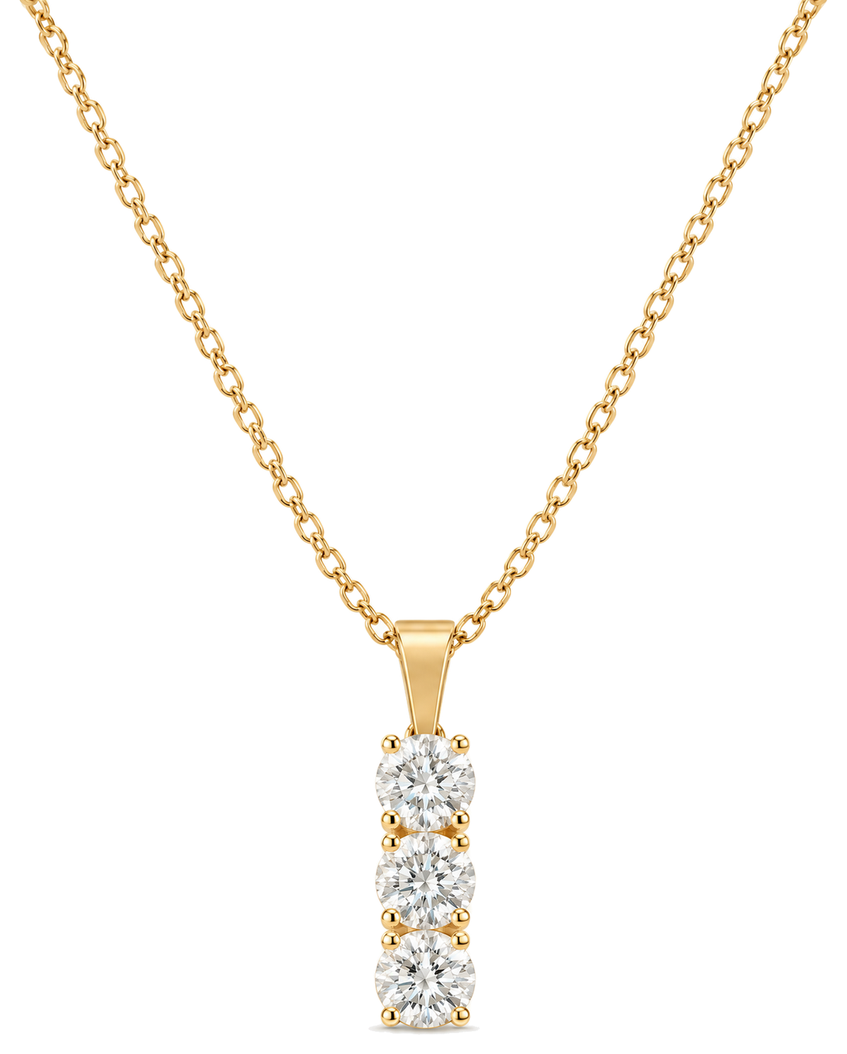 The Cascade necklace: three clear cubic zirconia stones in a slim drop on a fine gold-tone chain